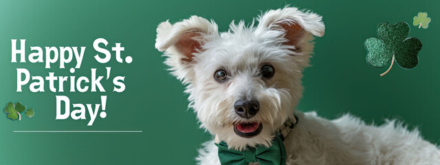 An adorable white dog with a bow tie poses for St. Patrick's Day, surrounded by festive decor and a hint of green clovers.