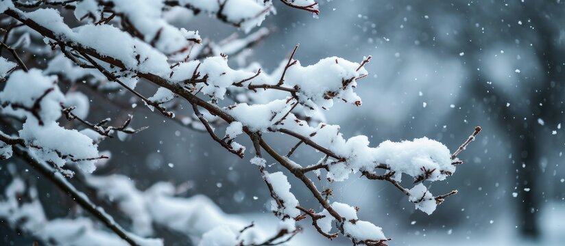 Snow-covered branch with natural backdrop