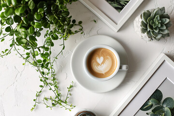 Close-up and top view of white empty frame mock-ups on an isolated white background, with a cup of coffee and plants, flat lay... - obrazy, fototapety, plakaty