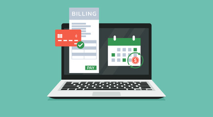 Subscription Billing on Laptop, Automate Recurring Payments for Business Success, Vector Flat Illustration Design
