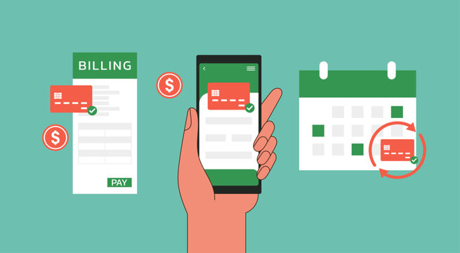 Subscription Billing on Phone, Automate Recurring Payments for Business Success, Vector Flat Illustration Design