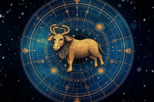 Zodiac wheel with Aries constellation above stars. Generative AI