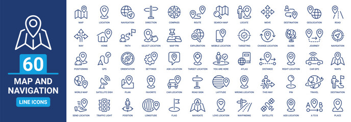 Map and navigation icon set. Containing location, navigation, direction, GPS, flag, destination, route, road and more. Vector outline icons collection. - obrazy, fototapety, plakaty