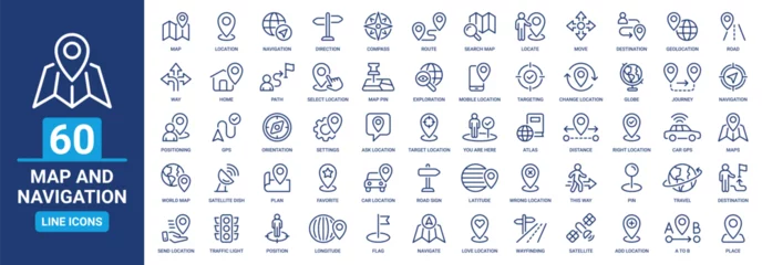 Foto op Canvas Map and navigation icon set. Containing location, navigation, direction, GPS, flag, destination, route, road and more. Vector outline icons collection. © Icons-Studio