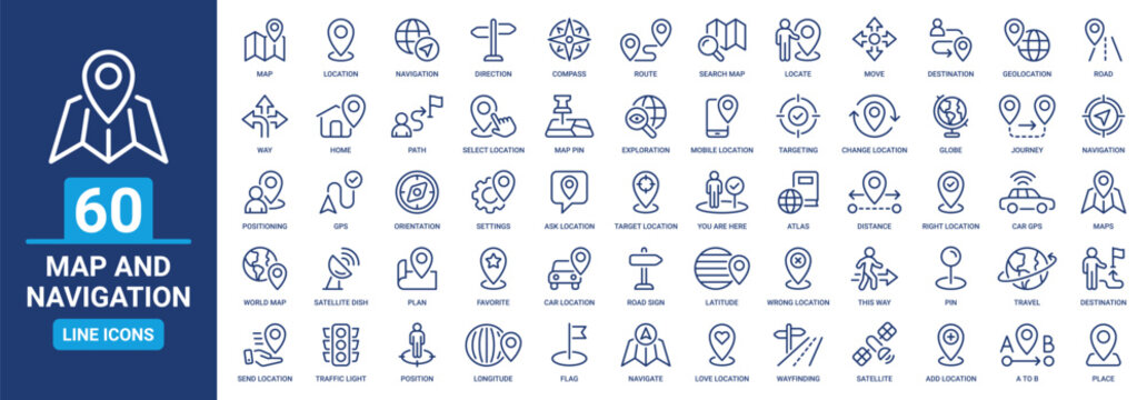 Map and navigation icon set. Containing location, navigation, direction, GPS, flag, destination, route, road and more. Vector outline icons collection.