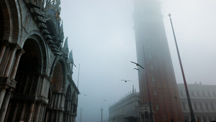 Venice in winter fog. Piazza San Marco, St Mark's Basilica and Campanile with birds.