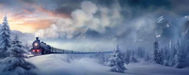 Fototapeta na wymiar Historic steam locomotive. Old vintage black train ride in the snowy forest in north pole. Fairy tale winter landscape. Retro aesthetic. Christmas and New Year concept. Design for banner, card, poster