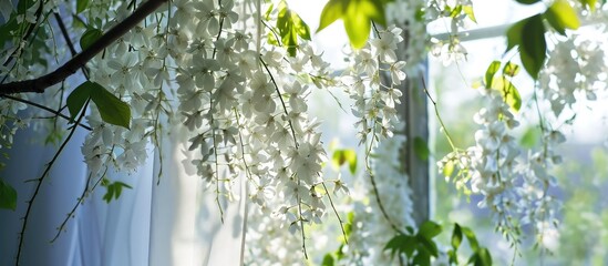 Elegant curtains: Beautiful Robinia Pseudoacacia blossoms in white. Black locust flowers in spring. - obrazy, fototapety, plakaty