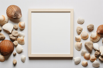 Close-up and top view of a empty frame with a blank white poster, next to shells on an isolated white background, flat lay, neutral colors and organic textures...