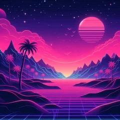 Foto op Aluminium 80s retro futuristic sci-fi background. Retrowave VJ videogame landscape with neon lights and low poly terrain grid. Stylized vintage cyberpunk vaporwave 3D render with mountains, sun and stars. 4K © Cobe