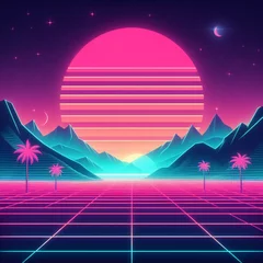 Keuken foto achterwand Roze 80s retro futuristic sci-fi background. Retrowave VJ videogame landscape with neon lights and low poly terrain grid. Stylized vintage cyberpunk vaporwave 3D render with mountains, sun and stars. 4K