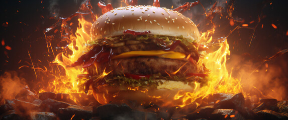A hamburger engulfed in flames. This high-energy and attention-grabbing image is perfect for illustrating spiciness, hot and fiery food, bold flavors, or a burger on fire concept. - obrazy, fototapety, plakaty