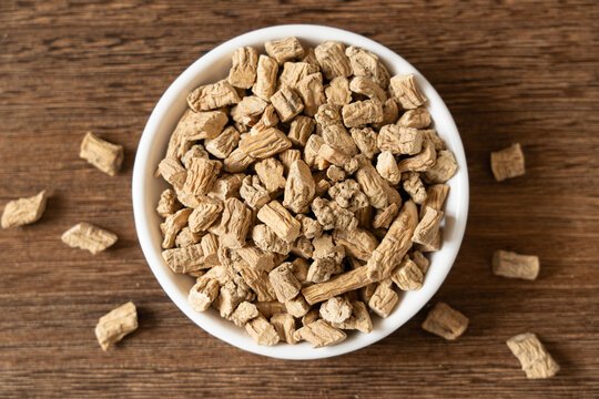 Chinese herb medicine codonopsis root on table.