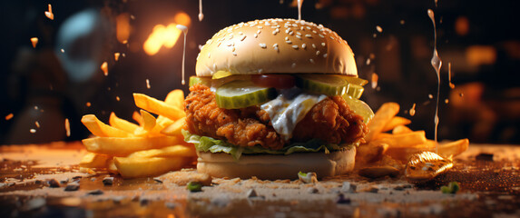 araffe chicken sandwich with fries and sauce on a table - obrazy, fototapety, plakaty