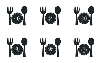 Restaurant icon, dish portion number symbol with fork, spoon and plate.