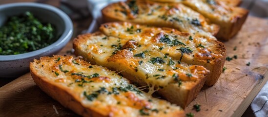 Cheesy garlic bread made at home with herbs and spices. - obrazy, fototapety, plakaty