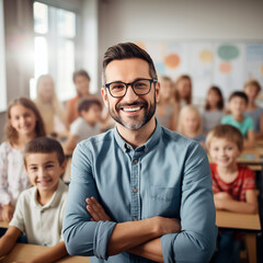 Male teacher smiling in front of his students in a school classroom 