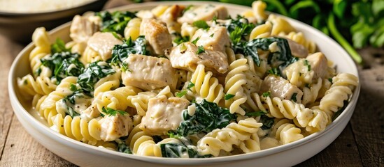 Close-up low angle view of homemade chicken spinach Alfredo rotini pasta in a bowl. - obrazy, fototapety, plakaty