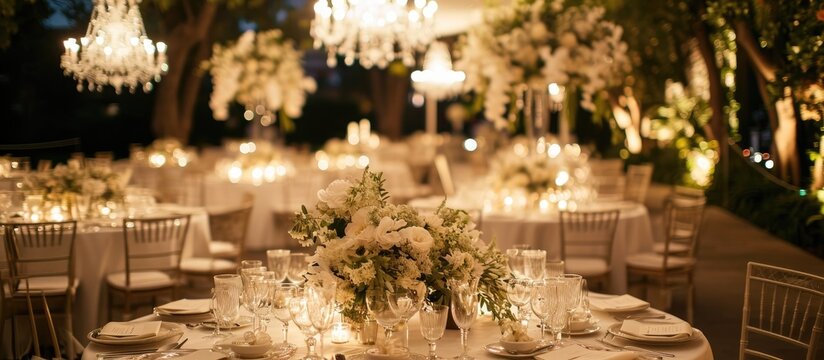 Elegant garden wedding dinner with round tables, chandeliers illuminating white flower table settings.