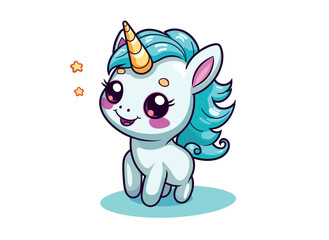 Cute cartoon unicorn with horn, vector illustration icon, isolated animal concept
