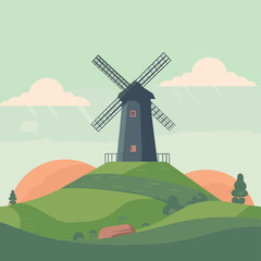 Vector illustration old windmill on the top of a hill - obrazy, fototapety, plakaty