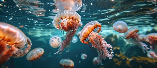 Mediterranean jellyfish swimming and dancing, barrel jellyfish in the sea. - obrazy, fototapety, plakaty