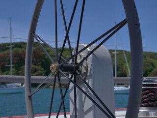 Port side large diameter steering wheel of racing sailboat with anti-slip surface. Location: New...