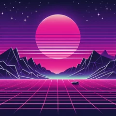 Zelfklevend Fotobehang 80s retro futuristic sci-fi background. Retrowave VJ videogame landscape with neon lights and low poly terrain grid. Stylized vintage cyberpunk vaporwave 3D render with mountains, sun and stars. 4K © Cobe