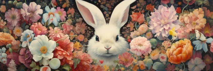 Foto op Aluminium painting of a white rabbit with flowers, generative AI © VALUEINVESTOR