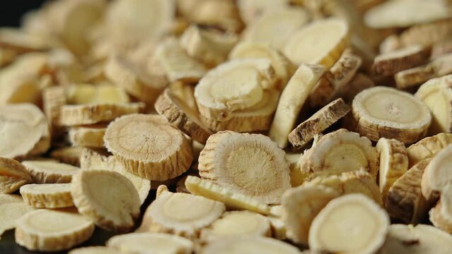 Chinese herb medicine Huangqi or Astragali Radix or Mongolian Milkvetch Root background.