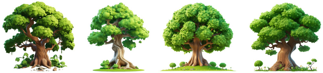 Collection of Trees in 3D Cartoon Style Isolated on Transparent Background - obrazy, fototapety, plakaty