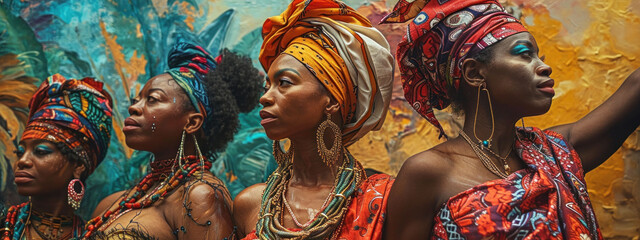 Portrait of African women in traditional head wraps, their profiles against a vibrant abstract background.
