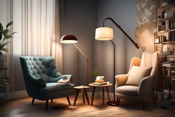 A cozy reading nook with a comfortable armchair and a floor lamp.