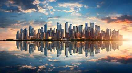Fototapeta premium Reflections of a city skyline shimmering on a calm river
