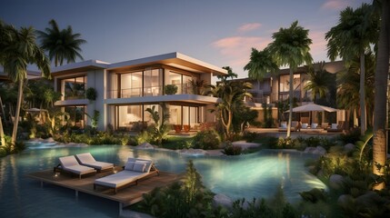 Obraz na płótnie Canvas Resort-style living with luxury villas set against a backdrop of lush landscapes