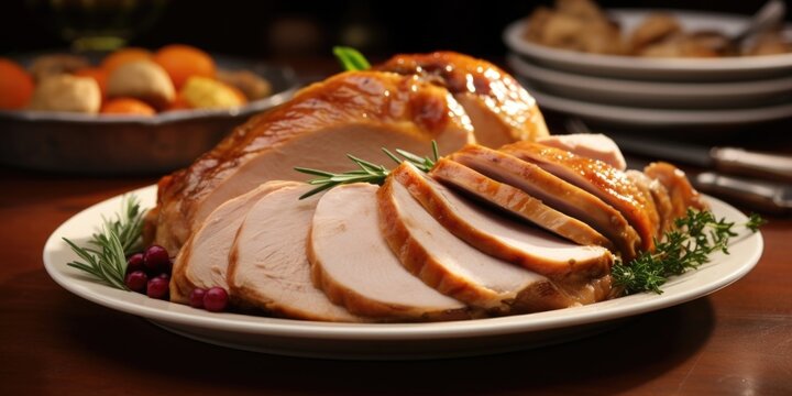 A tempting plate of carved roast turkey, showcasing slices of moist, perfectly cooked meat and a side of stuffing made with a blend of toasted bread, dried herbs, and a touch of chicken