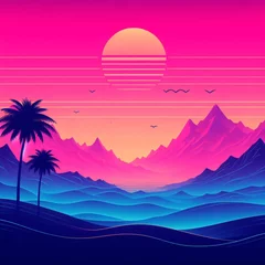 Tuinposter 80s retro futuristic sci-fi background. Retrowave VJ videogame landscape with neon lights and low poly terrain grid. Stylized vintage cyberpunk vaporwave 3D render with mountains, sun and stars. 4K © Cobe