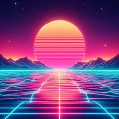 Poster Im Rahmen 80s retro futuristic sci-fi background. Retrowave VJ videogame landscape with neon lights and low poly terrain grid. Stylized vintage cyberpunk vaporwave 3D render with mountains, sun and stars. 4K © Cobe