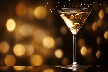Classic Martini: Close-up of a perfectly chilled martini glass with olives.