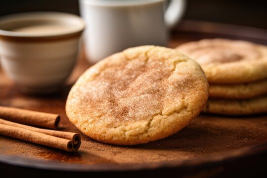 A shot of a classic snickerdoodle cookie highlights its soft, chewy interior rolled in a thin layer of cinnamon sugar. The gentle e of cinnamon mingles with the ery undertones to create