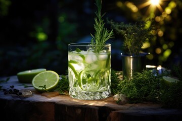 Gin Garden: Gin and tonic in a botanical setting, with juniper berries, herbs, and cucumber slices.