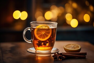 Hot Toddy Time: Close-up of a warm mug of hot toddy, garnished with a cinnamon stick and lemon peel.