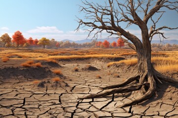 Dry wood and cracked dry soil. The problem of drought due to global warming, an environmental disaster. 