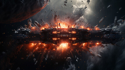 Scifi Space battle spaceships and explosions in outer space.  - 697466796