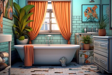 A colorful pop art bathroom with bright tiles, curtains and retro furniture.