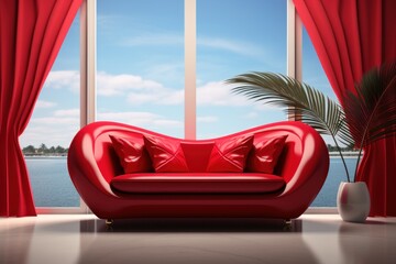 The interior of a bright living room in the style of pop art. A red sofa and a vase with a flower...