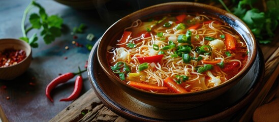 Indo-Chinese Vegetarian Manchow Soup with noodles, bell peppers, cabbage, carrots, and green onions.