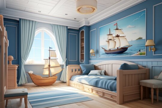 Modern interior of a children's bedroom in a nautical style. Cozy room.