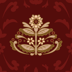 Floral block print inspired seamless pattern. Maroon beige colors. Hand drawn flowers elements in geometrical ornament. Traditional clothing allover