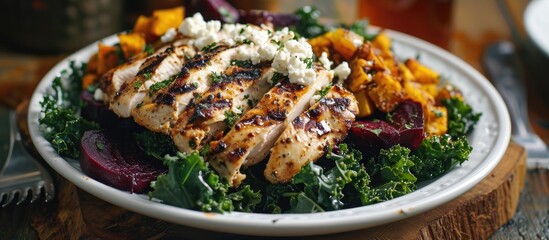 Grilled chicken salad with kale, beets, and goat cheese. - obrazy, fototapety, plakaty